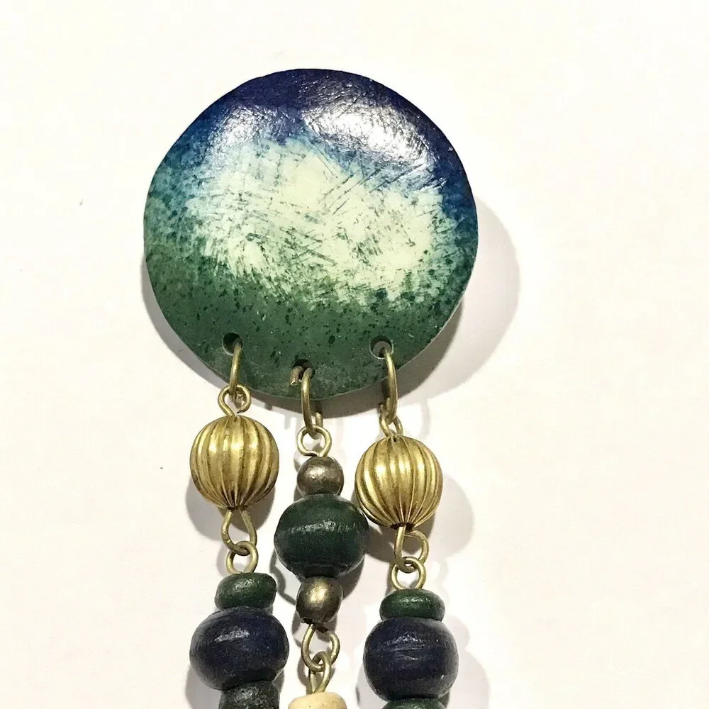 Vintage Boho Wood Beaded Resin Brooch Pin Gold Tone Blue Green Beige Artist Made